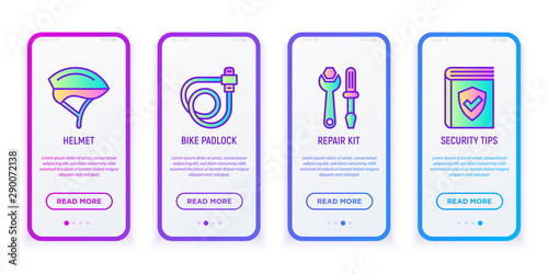 Bike rental mobile user interface. Bike helmet, padlock, toolkit, security tips thin line icon. Modern vector illustration.