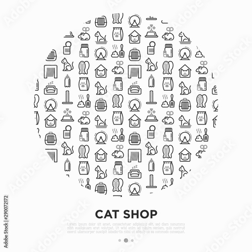Cat shop concept in circle thin line icons: bags for transportation, hygiene, collars, doors, toys, feeders, scratchers, litter, shack, training. Modern vector illustration.