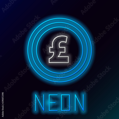 Blue glowing neon line Coin money with pound sterling symbol icon on black background. Banking currency sign. Cash symbol. Colorful outline concept. Vector Illustration
