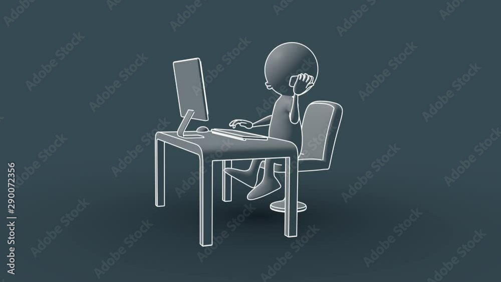 3d animation. A man sitting in front of computer, with mobile phone in one hand, typing on keyboard with other hand. Receptionist. Pale blue gradient, white outline. Cartoon character. 