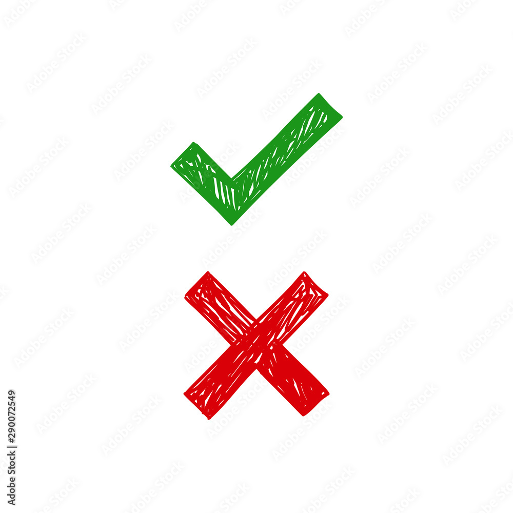Obraz premium Checkmark doodles. Green tick and red x. Hand drawn check marks.
