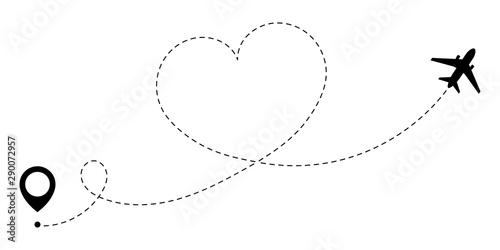 GPS route of love travel plane. A love journey that is tracked by the dotted line of the heart route. Romantic travel symbol for Valentine's Day. Vector illustration