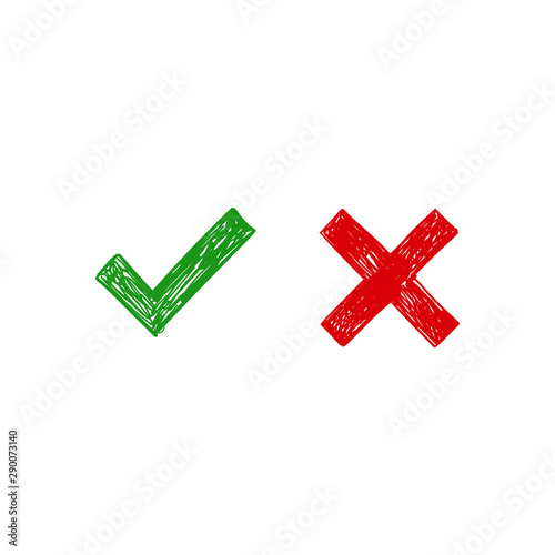 Checkmark doodles. Green tick and red x. Hand drawn check marks.