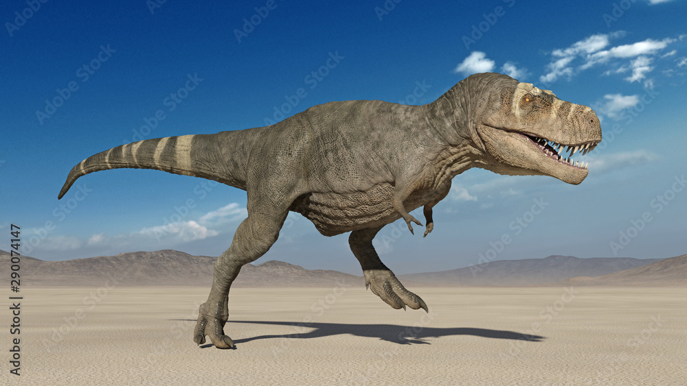 T-Rex Dinosaur, Tyrannosaurus Rex reptile running, prehistoric Jurassic  animal in deserted nature environment, 3D illustration Stock Illustration