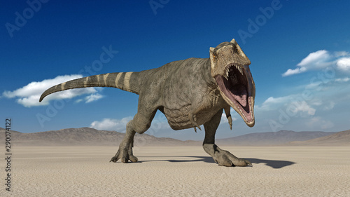 T-Rex Dinosaur  Tyrannosaurus Rex reptile  prehistoric Jurassic animal roaring in deserted nature environment  front view  3D illustration