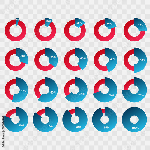 Percentage vector infographic icon. 5 10 15 20 25 30 35 40 45 50 55 60 65 70 75 80 85 90 95 100 percent pie chart symbol for web design, business. Gradient set on transparent background