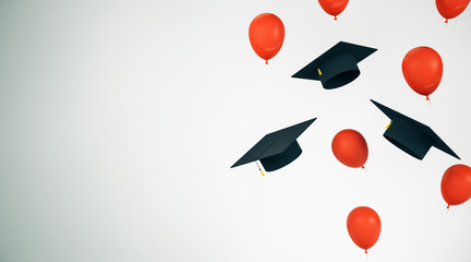 Education concept with flying black graduation caps and red balloons with white space for your logo.