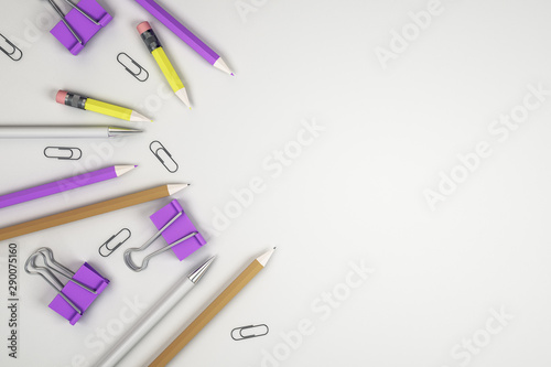 Education concept with purple clips and pencils at light blank background for copyspace, mock up.
