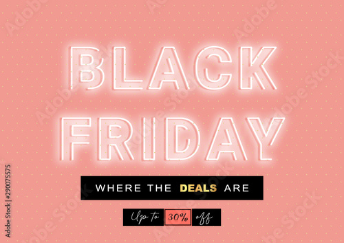 Black Friday Neon Sign on pink background, vector illustration. Neon stylised typography letters, gold polka dot pattern, trendy coral background, fashion sale banner for black friday event.