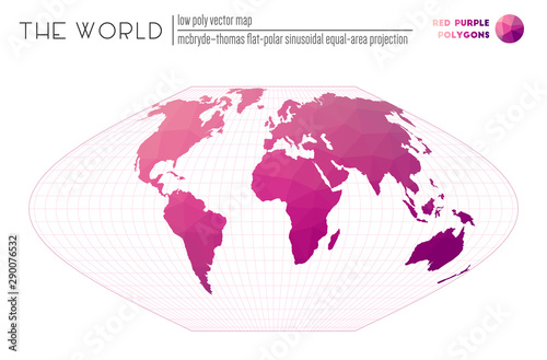Polygonal world map. McBryde-Thomas flat-polar sinusoidal equal-area projection of the world. Red-purple colored polygons. Neat vector illustration.