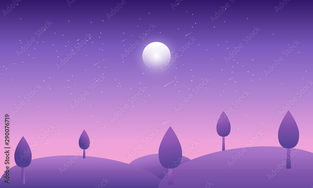 Obraz premium night time nature landscape in the Countryside with a Full moon and a Stary sky Vector illustration