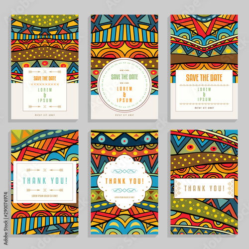 Six bright cards with ethnic ornaments. Collection of romantic wedding and thank you cards with boho patterns.