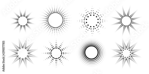 Round radial halftone dots Graphic circle pattern of black dots spots rays on a white background Set Logo design element halftone textures circle frame tech ads Abstract dot speck radial mosaic Vector