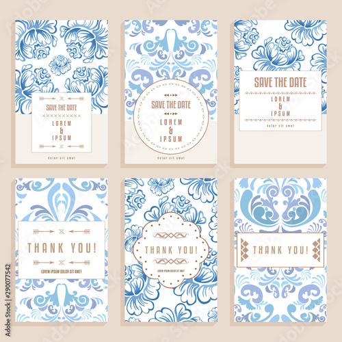 Six cards with blue baroque ornaments. Collection of romantic wedding and thank you cards with revival and vintage roses patterns.