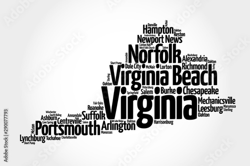 List of cities in Virginia USA state, map silhouette word cloud map concept photo