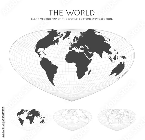Map of the World. Bottomley projection. Globe with latitude and longitude lines. World map on meridians and parallels background. Vector illustration.