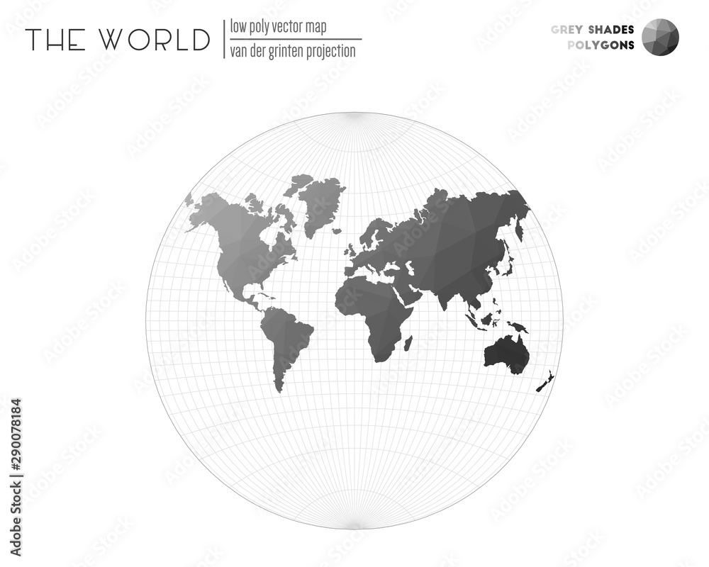 Vector map of the world. Van der Grinten projection of the world. Grey shades colored polygons. Stylish vector illustration. Vector map of the world. Van der Grinten projection of the world. Grey shades colored polygons. Stylish vector illustration.
