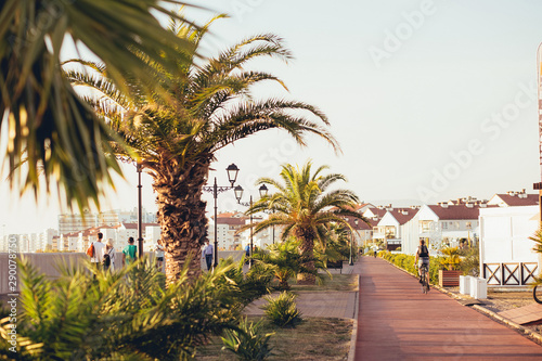 Young handsome guy equipped cyclist rides along the beach on a sunny summer day. Vacation activities concept