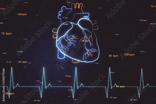 Heart health concept with digital hologram heart layout and pulse line at abstract digital background.