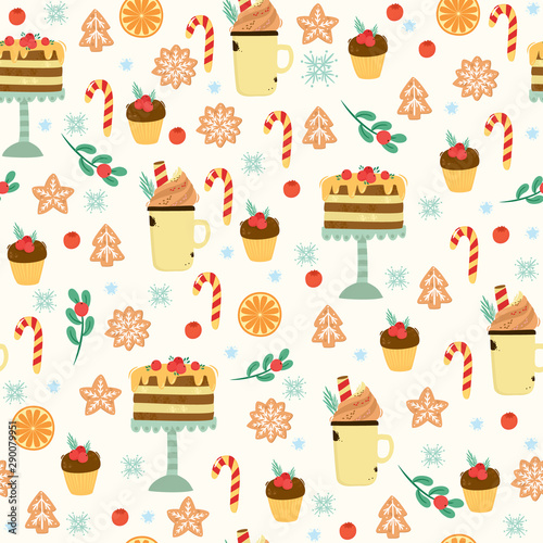 vector seamless pattern with christmas sweets, cake, cookies, cupcake, cocoa, coffee