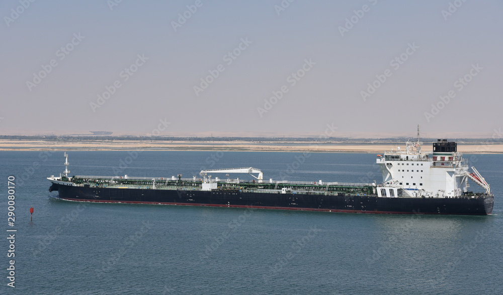 Tanker ship transiting through the Suez Canal. 