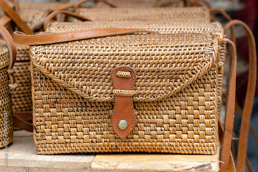 Famous Balinese rattan eco bags in a local souvenir market on street in  Ubud, Bali, Indonesia. Handicrafts and souvenir shop display Photos | Adobe  Stock