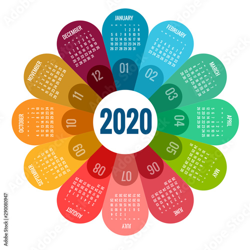 Colorful round calendar 2020 design, Print Template, Your Logo and Text. Week Starts Sunday. Portrait Orientation. 2020 Calendar of 12 Months.
