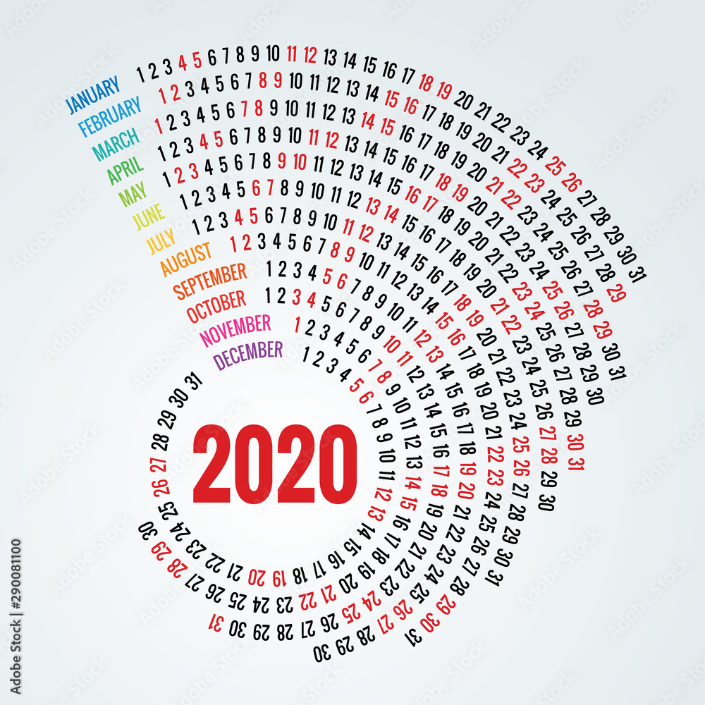 Colorful round calendar 2020 design, Print Template, Your Logo and Text. Portrait Orientation. 2020 Calendar of 12 Months.