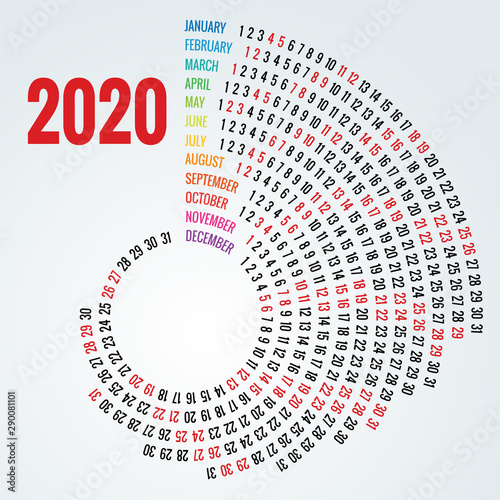 Colorful round calendar 2020 design, Print Template, Your Logo and Text. Portrait Orientation. 2020 Calendar of 12 Months.