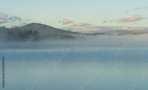 Fog over a lake in scandinavia during a summers dawn. Jamtland  Sweden.