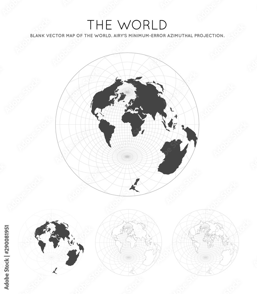 Obraz premium Map of The World. Airy's minimum-error azimuthal projection. Globe with latitude and longitude lines. World map on meridians and parallels background. Vector illustration.