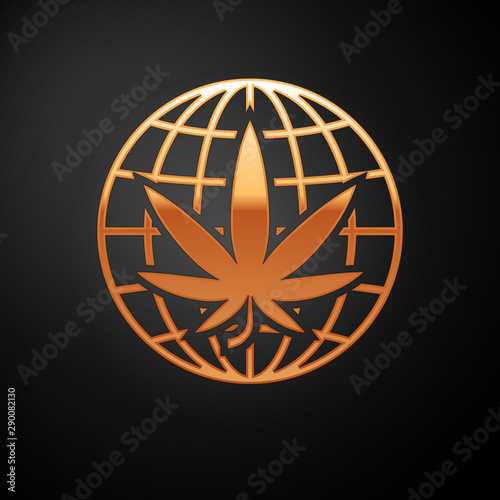 Gold Legalize marijuana or cannabis globe symbol icon isolated on black background. Hemp symbol. Vector Illustration