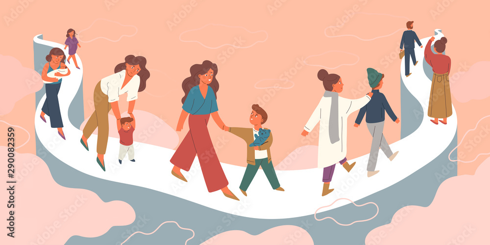 Mother letting go growing child vector illustration. Pregnant woman, mom with infant, toddler, walking with child, teenager. Old mother seeing off adult son. Family bond, eternal parents love concept.