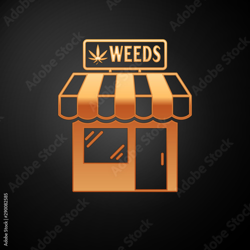 Gold Marijuana and cannabis store icon isolated on black background. Equipment and accessories for smoking, storing medical cannabis. Vector Illustration