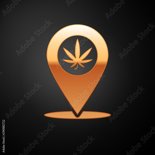 Gold Map pointer and marijuana or cannabis leaf icon isolated on black background. Hemp symbol. Vector Illustration
