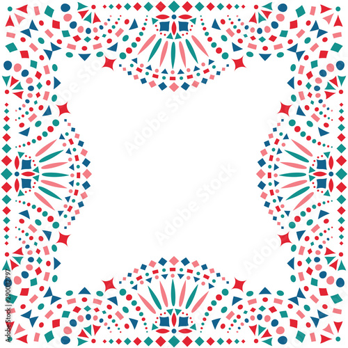 Mexican embroidery motif for border. Card or invitation for fiesta party template with bright folk art pattern.