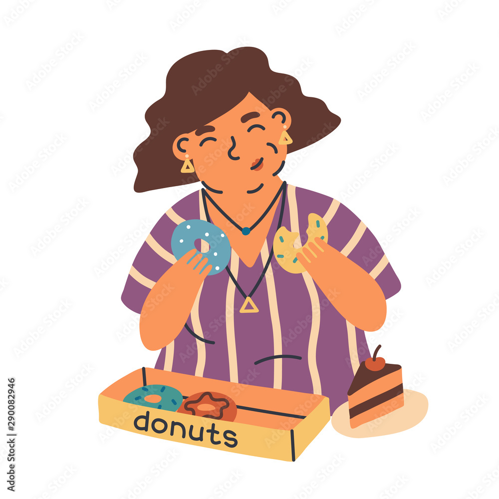 Female obesity problem flat vector illustration. Overweight woman cartoon character eating takeaway sweet donuts and cake. Unhealthy lifestyle, harmful nutrition and food addiction concept. Female obesity problem flat vector illustration. Overweight woman cartoon character eating takeaway sweet donuts and cake. Unhealthy lifestyle, harmful nutrition and food addiction concept.