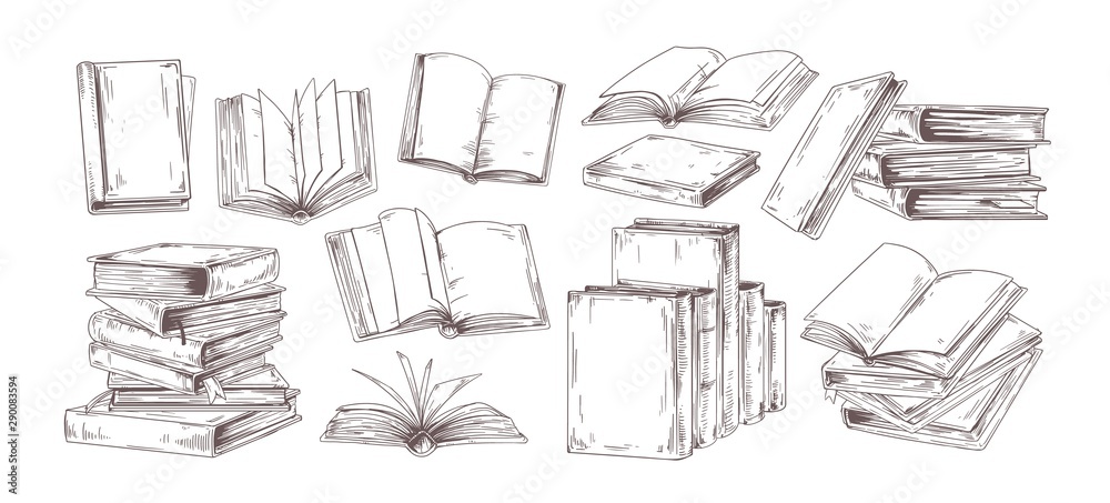 Premium Vector  Books big set. educational material, literature realistic  drawing. personal planners, notebooks. blank textbooks, hardbacks with  empty page book stacks, piles. hand drawn vector illustrations