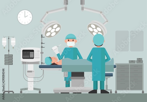Surgery team operating. Medical team performing surgical operation in an operating room. Vector