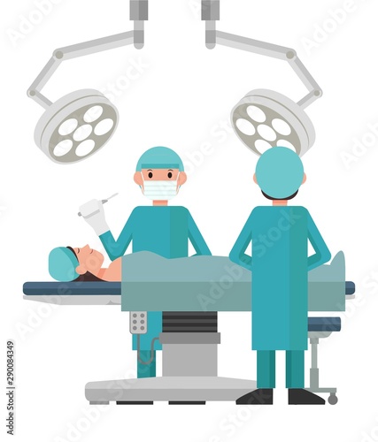 Surgery team operating. Medical team performing surgical operation in an operating room. Vector