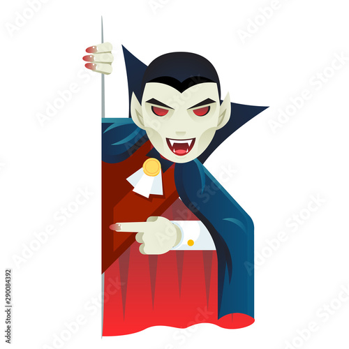 Vampire cartoon support help consultation advice promotion looking out corner character halloween solution flat design vector illustration