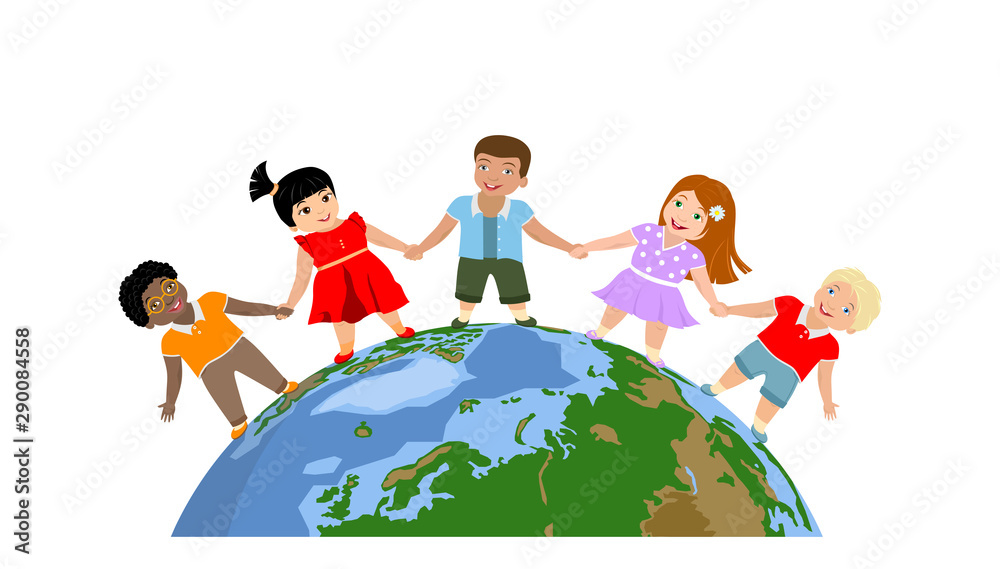 happy children of different races and colors holding hands and standing on the globe, the planet. color vector illustration on white background happy children of different races and colors holding hands and standing on the globe, the planet. color vector illustration on white background