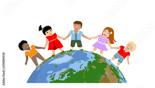 happy children of different races and colors holding hands and standing on the globe, the planet. color vector illustration on white background