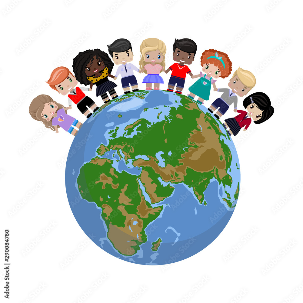 happy children of different races and colors holding hands and standing ...