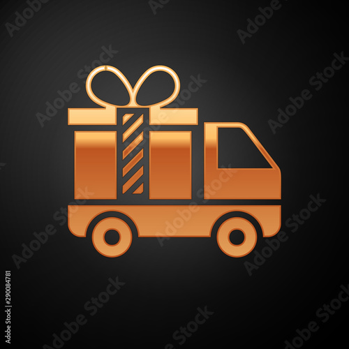 Gold Delivery truck with gift icon isolated on black background. Vector Illustration