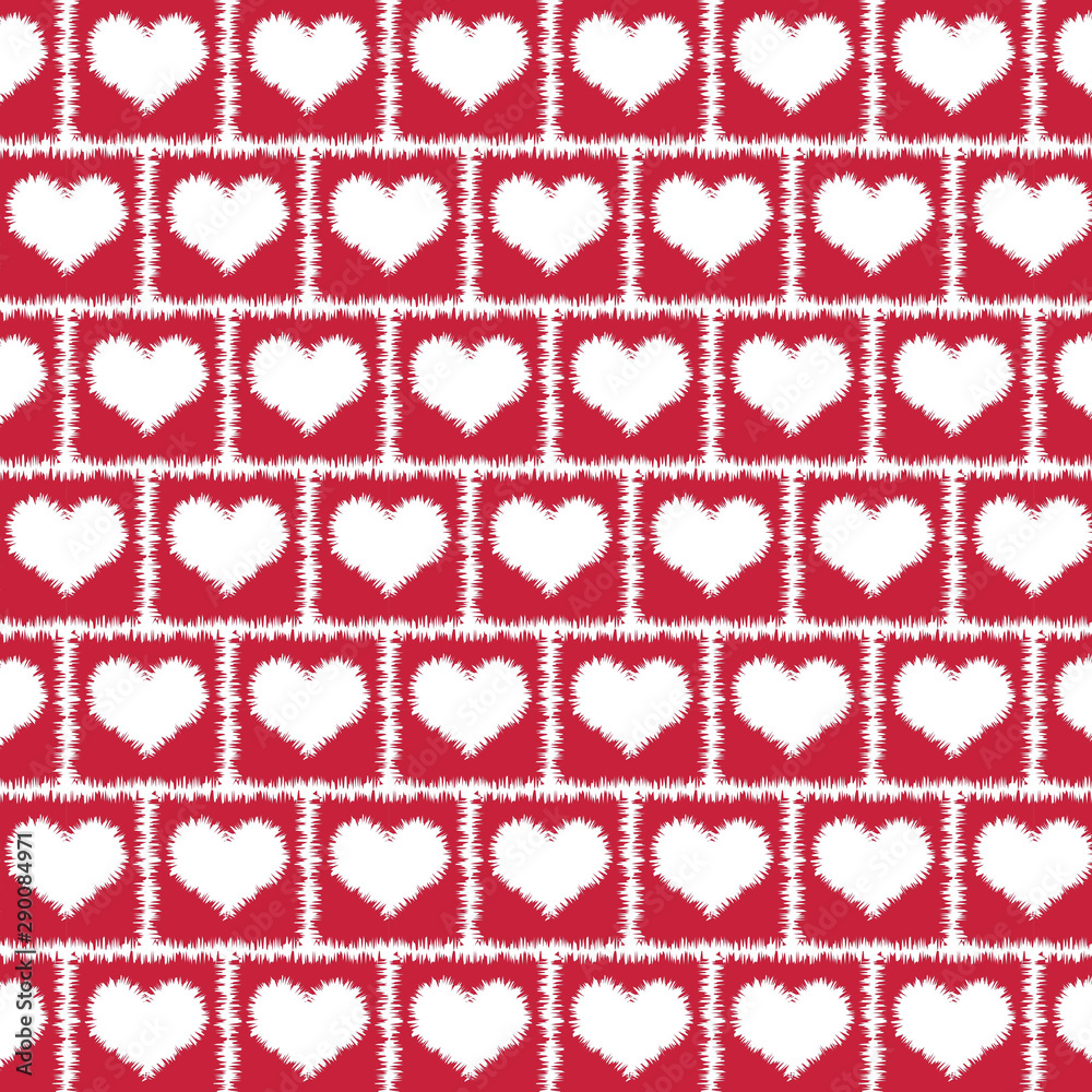 Vector seamless hearts love pattern for Valentine's day. White  hearts on red squares.