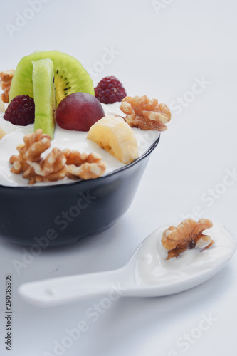 Yogurt and fruits photo