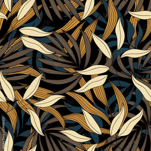 Trendy seamless tropical pattern with bright beige plants and leaves on black background. Exotic style. Abstract print, textile, print, poster. Botanical flora. Jungle leaf seamless vector.