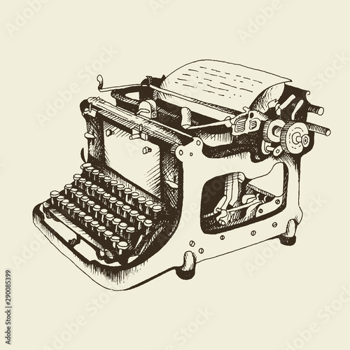 Typewriter vintage vector illustration, hand drawn sketch in engraving style isolated on beige background