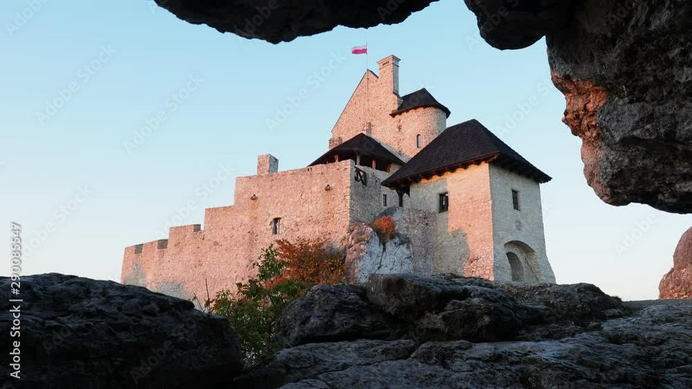 Bobolice Royal Castle at sunset, Trail of the Eagles' Nests, Krakow-Czestochowa Upland or Polish Jurassic Highland, Silesian Voivodeship, Poland